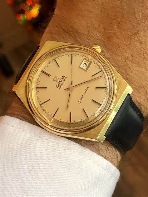 gold mens omega seamaster wrist watch circa 1960s|omega seamaster gold vintage price.